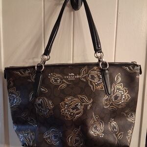 Coach Brown Floral Signature Tote with Black Straps